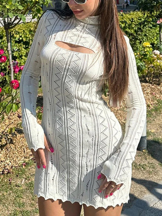 Picsgirl White Mini Dresses Women Sexy Hollow Out Turtleneck Knitted Dress Female Elegant Fashion High Street Bodycon Party Club Vestidos