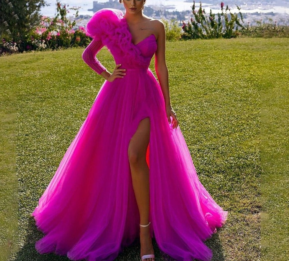 warmmeta Evening Dress Vestidos De Fiesta One Sleeve Puff robes de soirée Leg Slit prom dresses A Line Party Dress abendkleider