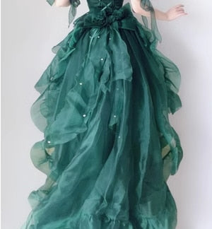 warmmeta Green Flower Wedding Dress Cos Lolita Dress Op Dress Lolita Heavy Industry Trail Puffy Princess Dress, Lolita Cosplay