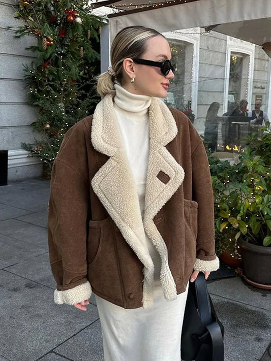 Casual Lamb Wool Solid Winter Women Coat Fashion Turn-down Collar Loose Pockets Female Jacket Autumn Winter Ladies Thick Outwear