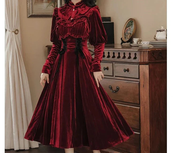 Ruby Victorian-Vintage-Academia Burgundy-Red Velvet Dress