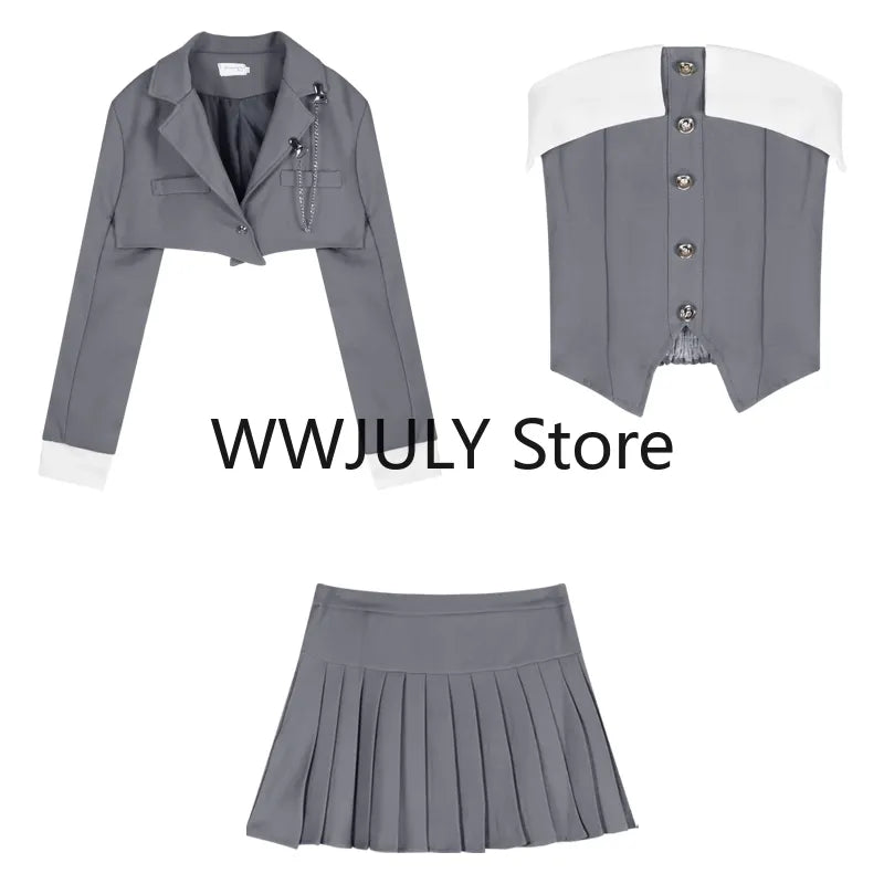 2023 Autumn Preppy Style Pleated Casual A-line Skirt Women + Irregular Patchwork Slim Camisole + Jacket Three-piece Suit Female