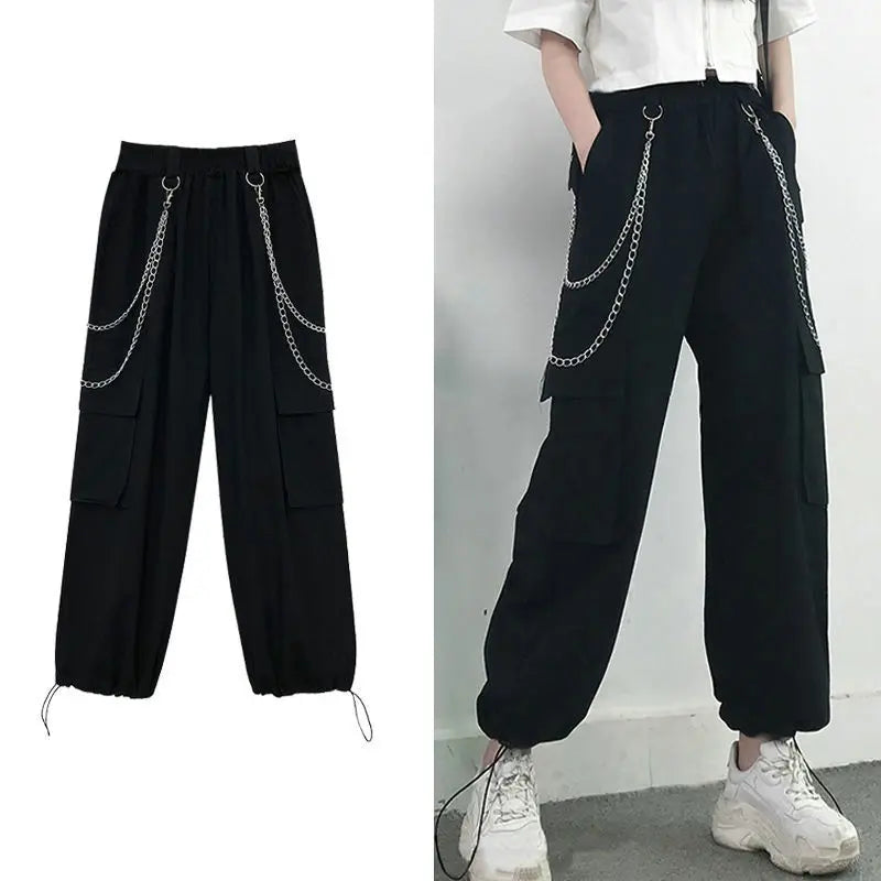 Streetwear Spring Summer Cargo Pants Women Harajuku Slim Punk Ribbons Joggers Elastic Waist Ankle-Length Trousers For Girls