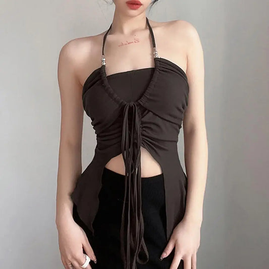 Summer Sexy Babes Tank Top Drawstring Shirring Backless Irregular Hem Crop Top Solid Color Halter Sling Club Vest Female Clothe