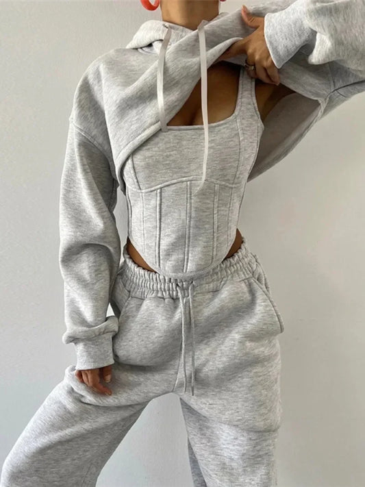 Fashion 3 Pieces Hoodies Set Women Spring Tracksuits Hooded Long Sleeve Cropped Sweatshirt Bandage Corset Long Sweatpants Suit