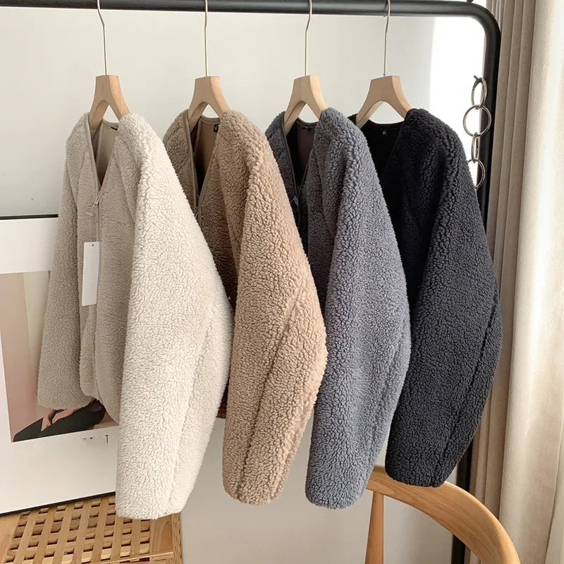 warmmeta Lamb Fur Women Coats Autumn Winter Solid Thick Warm V-Neck Long-Sleeved Casual All Match Female Outwear Jackets