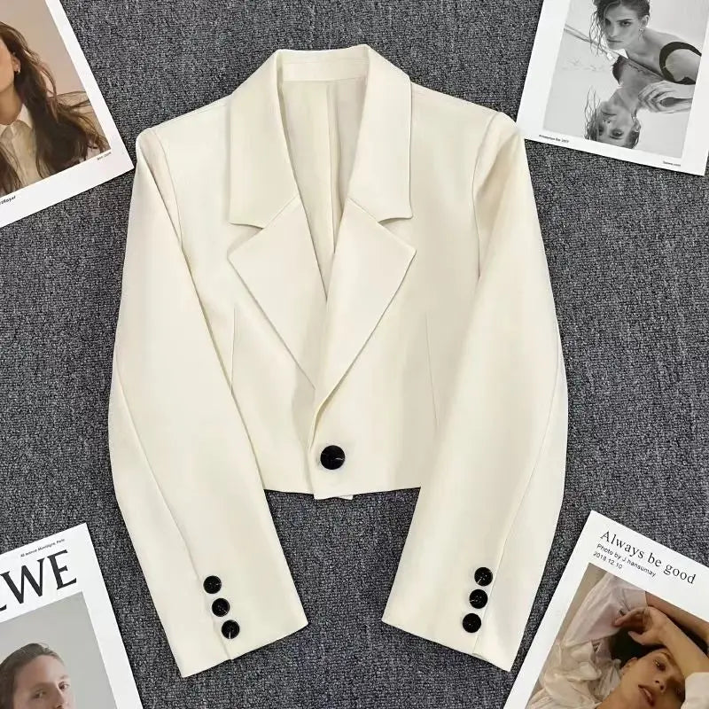 Korean Fashion Cropped Blazers Jacket Women Long Sleeve Office Ladies Streetwear Solid Color Single Button Short Suit Coat New