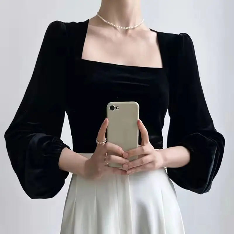 Deeptown  Elegant Black Flannel Blouses Women Vintage Lantern Puff Sleeve Velvet Shirts Female French Style Square Collar Tops