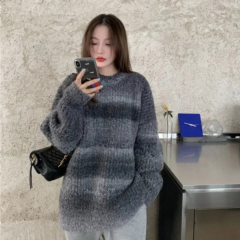 Retro Japanese thick sweater loose lazy female outer wear tie-dye gradient color winter new women knitted sweater sweater