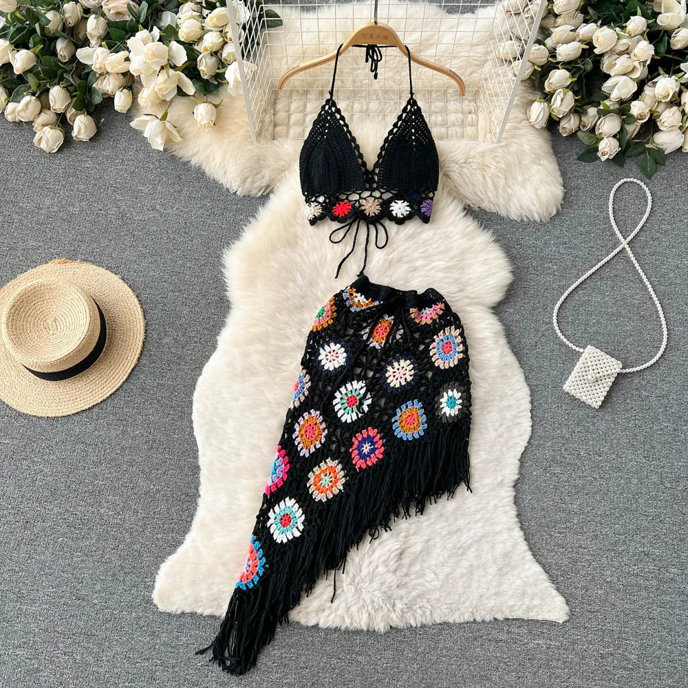 Bohemian Two Piece Knitted Sets Summer Hook Hollow Out Camisole Floral Irregular Tassel Skirt Sexy Beach Style Suits