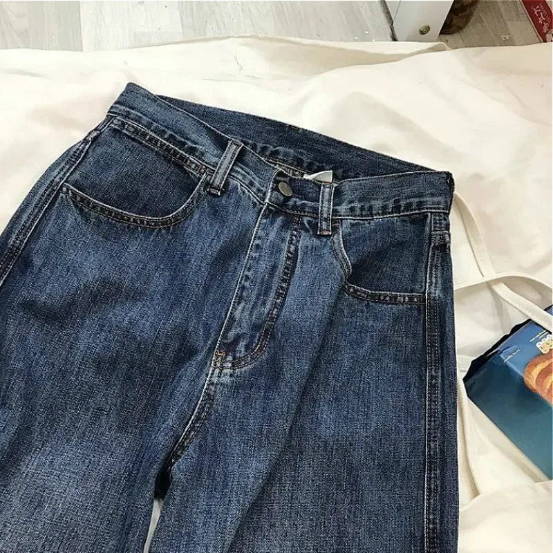 warmmeta-Vintage Blue High Waist Women Jeans Gradient American Fashion Streetwear Wide Leg Jean Female Denim Trouser Baggy Denim Pants