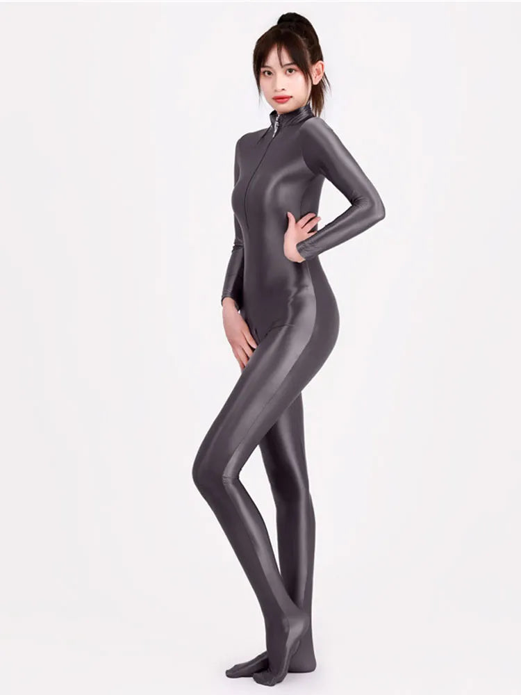 warmmeta Women Oily Glossy Long Sleeve Elastic Bodysuit Bodycon Rompers One-piece Swimsuit Silky Tights Satin Pantyhose Jumpsuits Thong