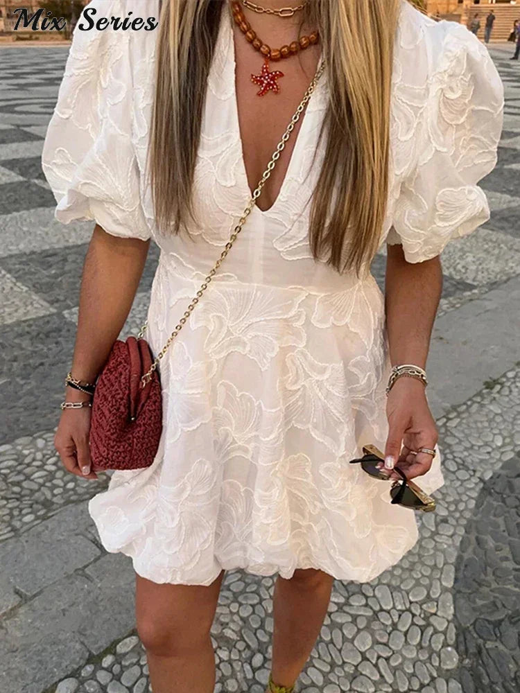 warmmeta Fluffy Short Puff Sleeve Dress Women White High Waist V-neck Mini Dresses 2024 Summer New Ladies Elegant Vestidos