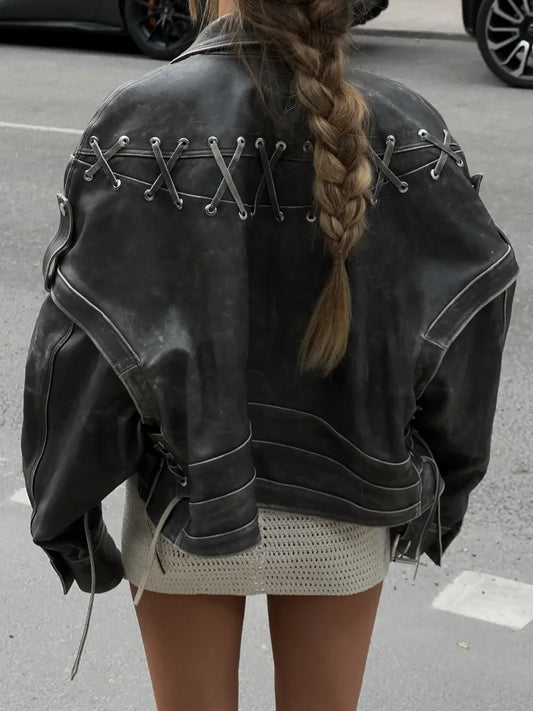 2024 Fashion Grey Lace Up Belt Leather Jackets Women Vintage Zipper Lapel Buttons Motostyle Crop Coat 2024 Lady Cool Streetwear