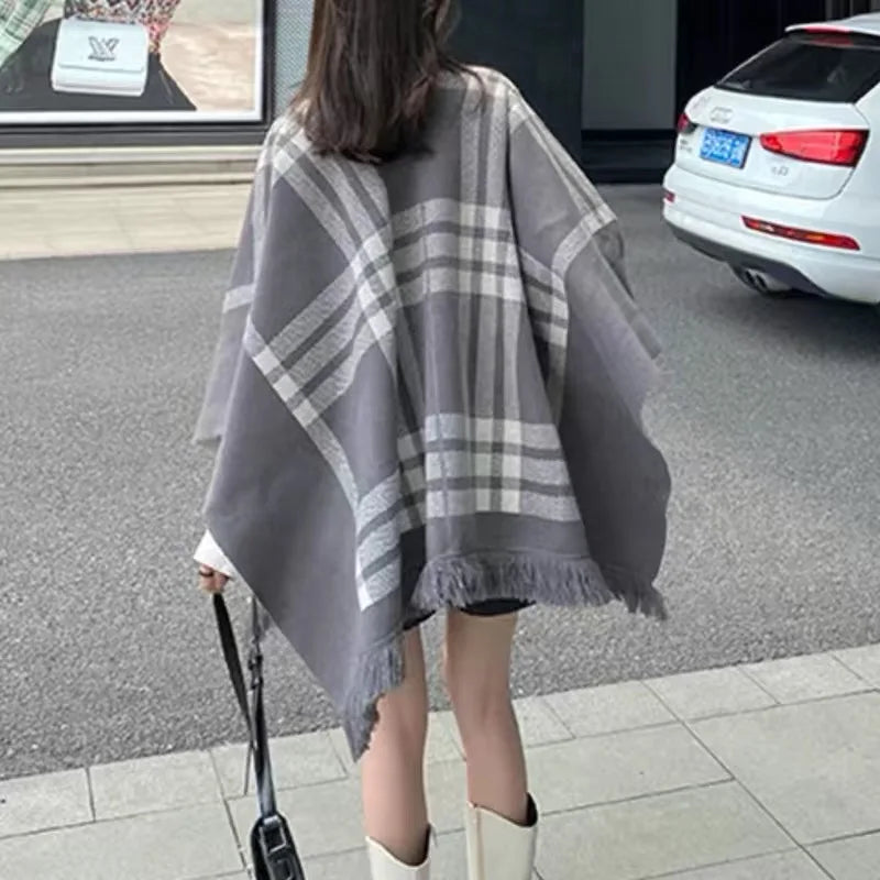 Black Mid-length Plaid Coat Women Autumn And Winter Loose And Versatile Cape Elegant Shawl Casual Coat Korean Women Clothing