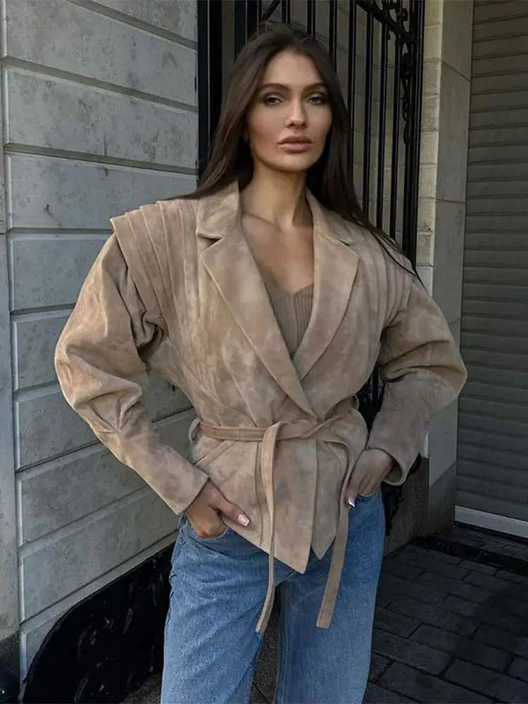 Fashion Solid Irregular Hem Lapel Jackets With Belt Women Elegant Long Sleeve Button Pleated Coats 2024 New Lady Chic Outerwear