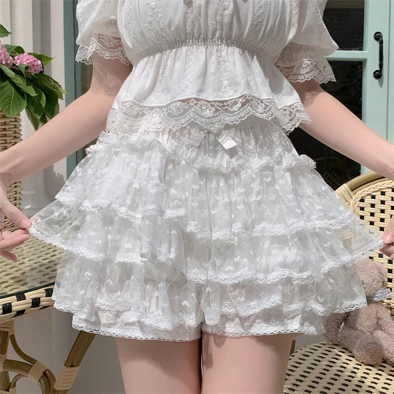 Snow Petal Ruffled Tulle Lace Bloomer Lolita Shorts