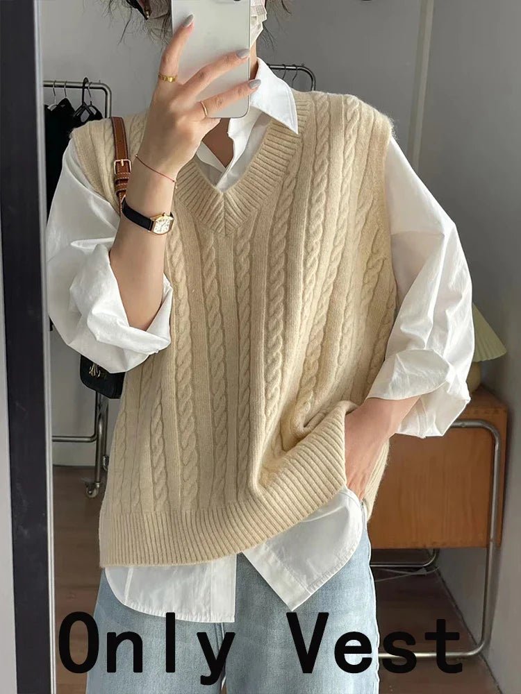 Knitted Vest Women Spring Autumn Vintage Casual Preppy Style Sleeveless Sweater Female Korean Fashion Loose All-match Waistcoat