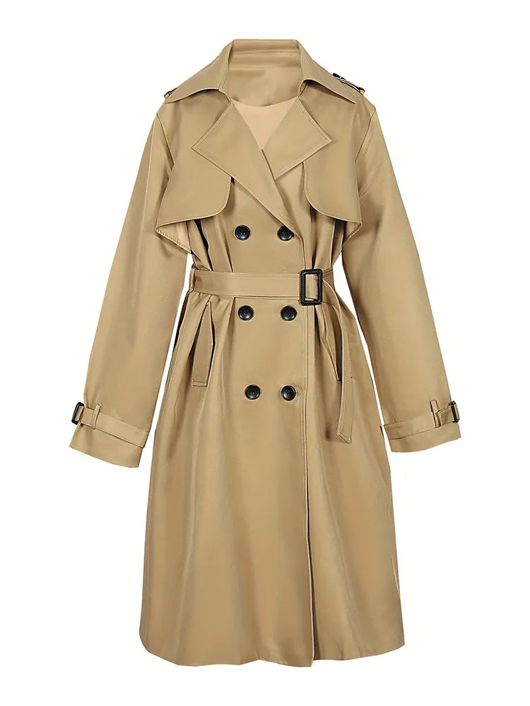 2023 Autumn New Women's Long Solid Trench Coat Classic Double Breasted Lapel Coat Jacket with Belt Women's Classic