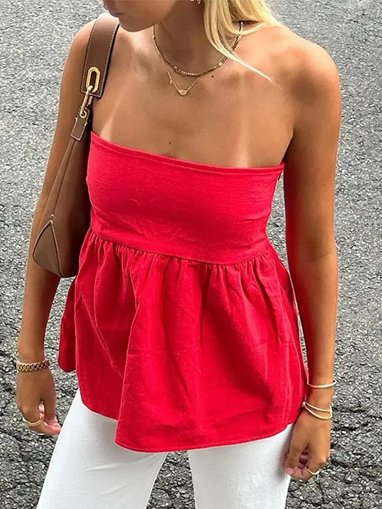 Sexy Women Strapless Solid Ruffles Short Top Fashion Off Shoulder Backless Sleeveless Slim Vest Elegant Lady High Streetwear