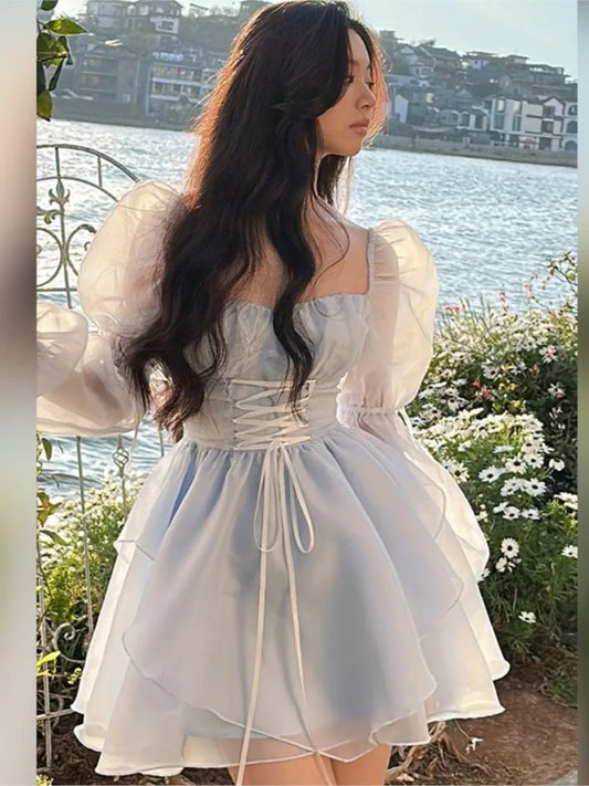 warmmeta-Sweet Kawaii Mini Dress Vintage Korean Elegant Fashion Party Dress Women Fairy Princess Puff Sleeve Chic Summer Prom Dress