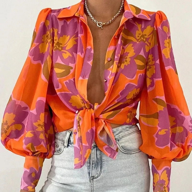 warmmeta Fashion Lapel Lantern Sleeve Blouses Spring Office Lady Vintage Floral Print Shirts Tops Button Up Long Sleeve Shirt