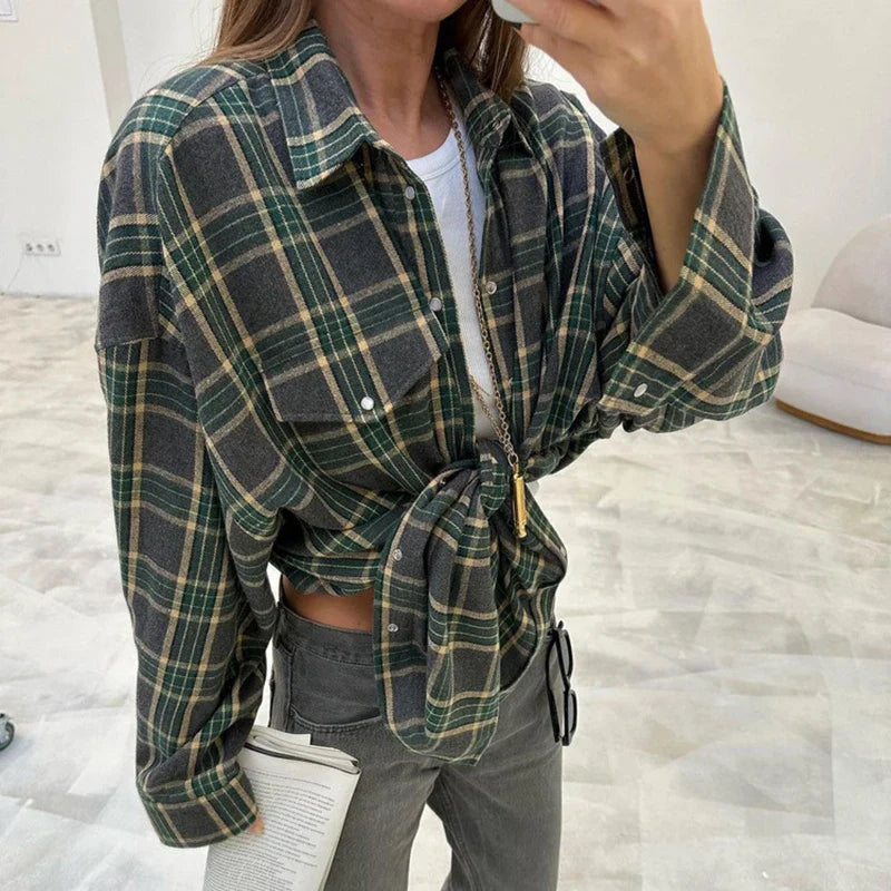 PICSGIRL -  Woman Red Vintage Plaid Blouses Long Sleeve Oversize Casual Shirt Tops with Pockets Autumn Winter Women's Clothing