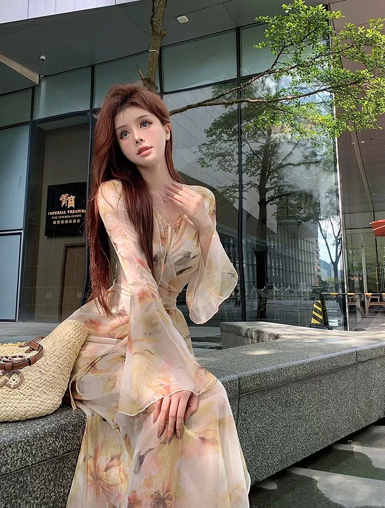 warmmeta Vintage Dresses Women Temperament French Style Floral Printed Fashion V Neck Bandage Flare Long Sleeve Elegant Dress