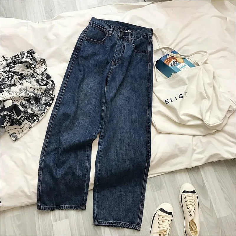 warmmeta-Vintage Blue High Waist Women Jeans Gradient American Fashion Streetwear Wide Leg Jean Female Denim Trouser Baggy Denim Pants