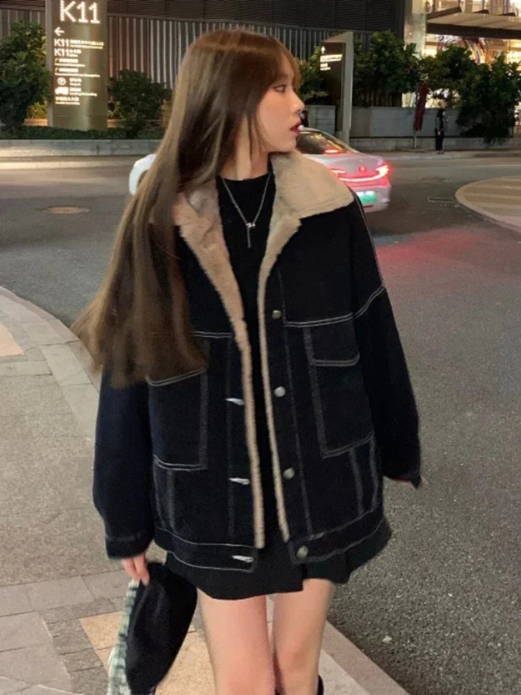 warmmeta New Korean Fashion Winter Women Coat Warm Lapel Denim Thick Jacket Casual Work Clothes Cotton Padded Jackets for Women Tops