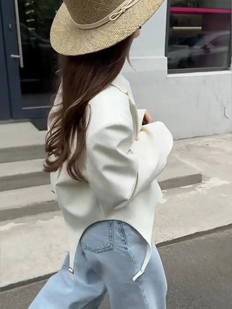 Fashion Cropped White Suit Jacket With Belts Women Casual Full Sleeve Lapel Short Coats 2024 New Autumn Office Ladies Chic Coat