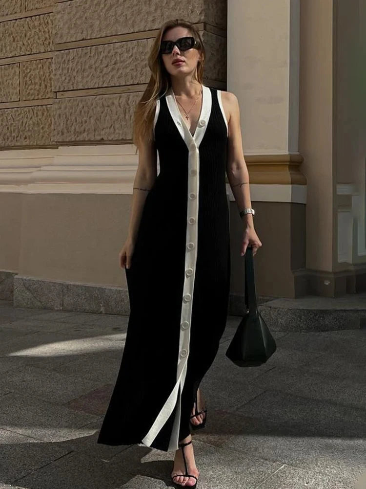 Elegant Contrast Knitted Long Dress Women Sexy V-neck Sleeveless Single Breasted Female Dress 2024 Summer Party Lady Vestidos