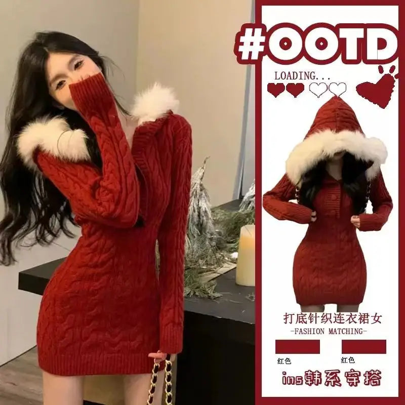 2022 Winter Knitted Sweater Dress with Hooded Women Slim Bodycon Y2k Mini Dress Faux Fur Female One Piece Dress Korean Elegant