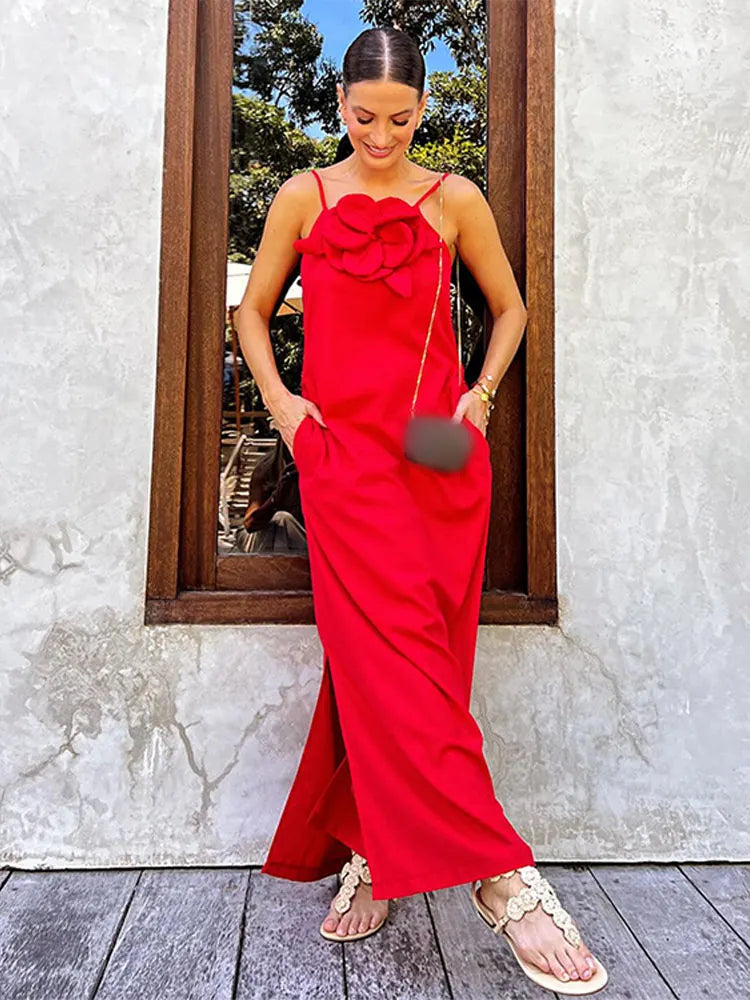 Elegant 3d Flower Red Sling Maxi Dress For Women Fashion Backless Sleeveless Split Dresses Lady 2024 Spring Party Club Vestidos