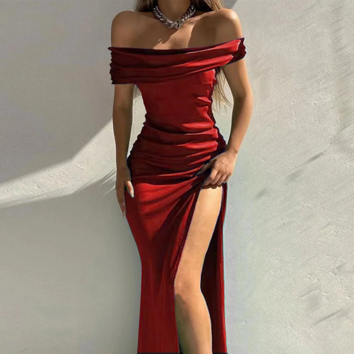 warmmeta-Women's Formal Dresses Fashion Solid Color Off Shoulder Satin Slim Side Slit Midi Dress Elegant Party Evening Dress For Women