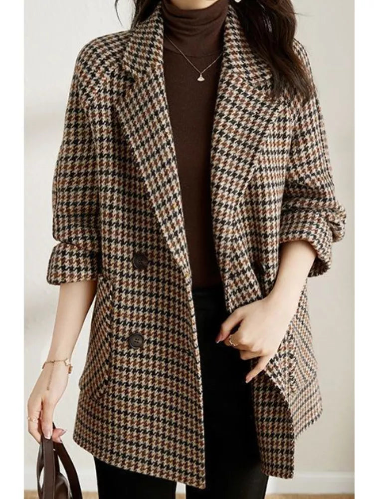 warmmeta  2 New Vintage Houndstooth Women Woolen Blazer Double Breasted Plaid Female Suit Jacket Fashion Korean Outerwear Loose Blaser Coat