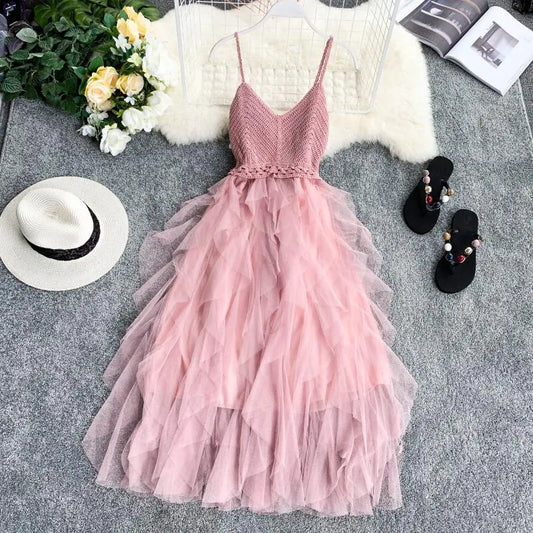 warmmeta Summer Sleeveless Sling Gauze Tulle Dress Women knit V-neck Sexy Backless Long Dresses Sweet Mesh Pink Party Dress Vestidos