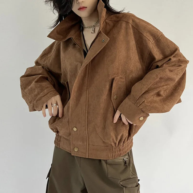 American Vintage Brown Bomber Jackets For Women High Street Motorcycle Coat Antumn Winter Female Fashion Top Button Zip Jacket