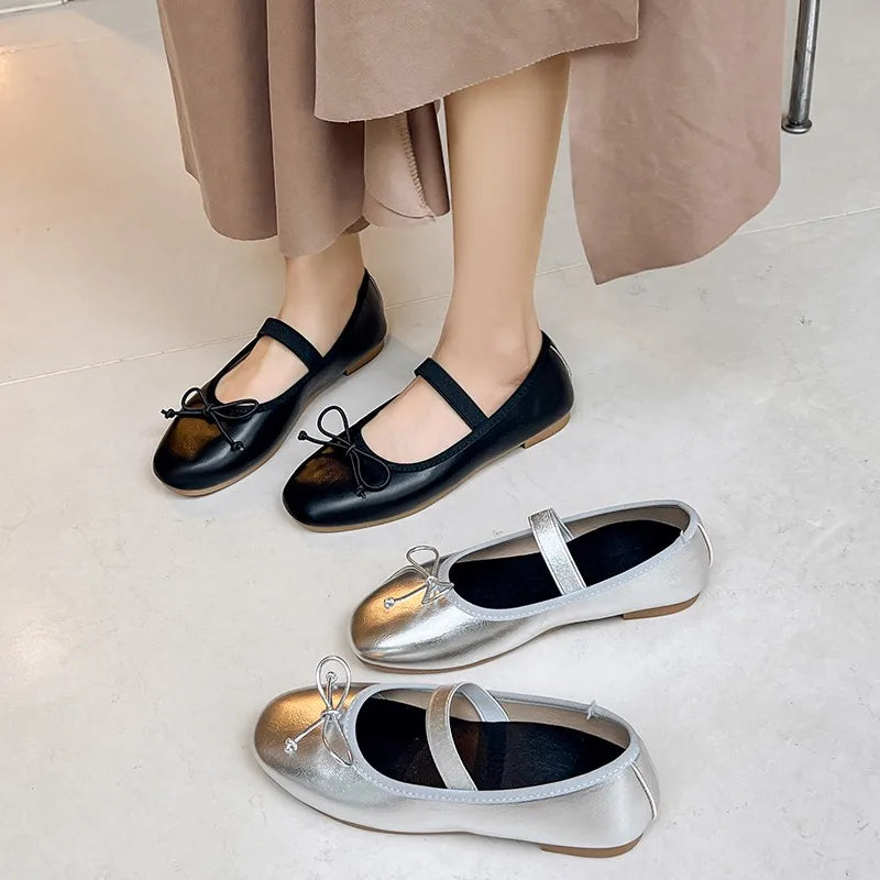 Glitter Silver Bowtie Flats Shoes Women Round Toe Patchwork Plaid Leather Loafers   Flat Shoes Women