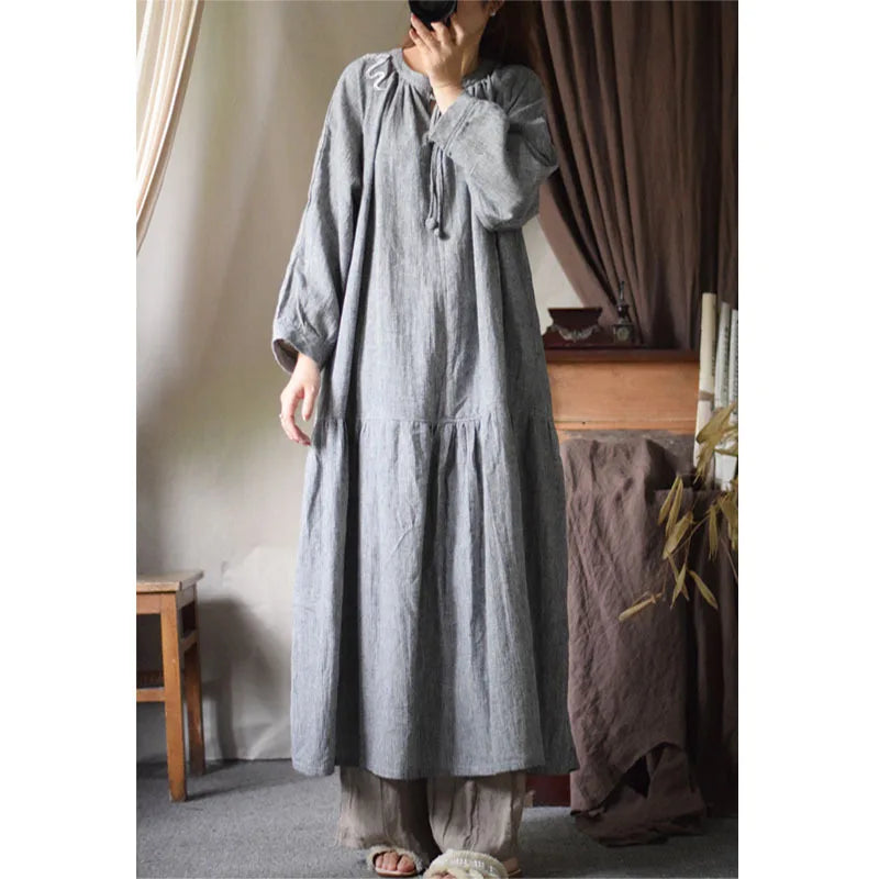 Women Retro Loose Flax Dress 2024 New Spring Summer O-Neck Drawstring Wrist Sleeve Casual Dress