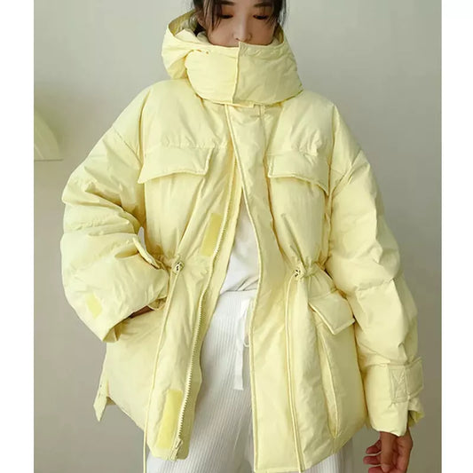 Winter Hooded Parkas Warm Jacket Women Down Cotton Coat Irregular Fluffy Bubble Drawcord Waist Outwear