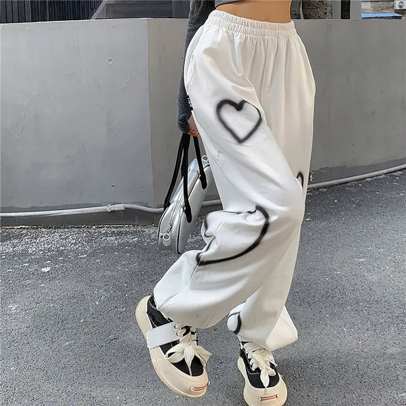 Korean Oversize Pants Heart Printing Pants Casual Loose High Waist Hallen Pants Streetwear Hip Hop Straight Trousers  Joggers