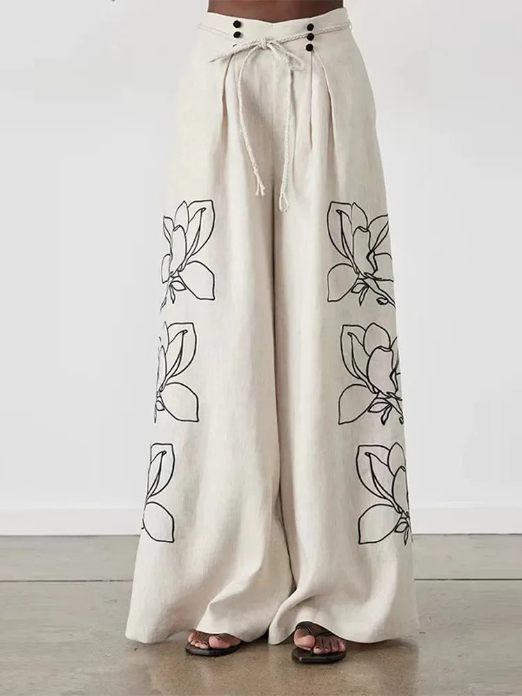 Chic Embroidery Print Cotton Linen 2 Pieces Set Women Oversize Lantern Sleeve Lapel Top Lace Up Wide-leg Pants 2024 Lady Suits