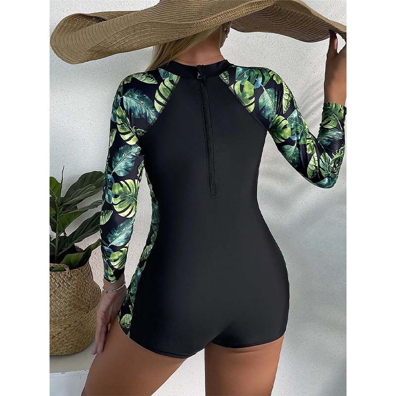 One Piece Long Sleeves Swimsuit Women Female Zipper Surf Bodysuit Floral Swimwear Girl Sun Protection Bathing Swimming Suit