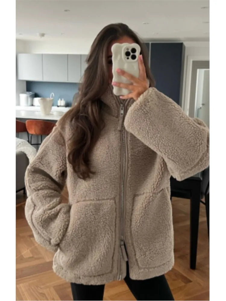 Loose Lamb Wool Coat For Women Fashion Long Sleeves Zipper Pocket Warm Jackets 2023 Winter Female Casual High Street Outwear