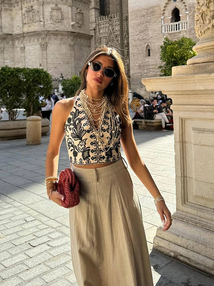 Print Crop Top Mini Skirt Sets Women Beach Sleeveless V-neck Backless Vest High Waist Skirt Female Suit 2024 Summer Lady Set