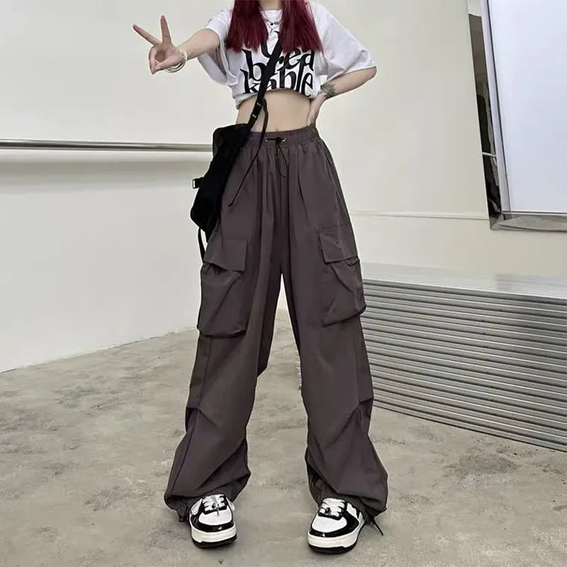 warmmeta Women Casual Joggers Tech Pants Solid Low Waist Sweatpants Drawstring Wide Leg Baggy Trousers Y2k Streetwear Oversize Sweatpants