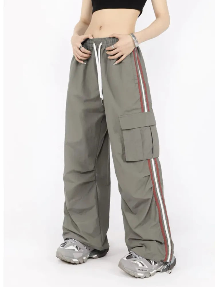 warmmeta 2 Y2K Kpop Cargo Pant Women Drawstring Pockets Wide Leg Chic Punk Pants Baggy Striped Sports Sweatpants Parachute Jogger Trousers