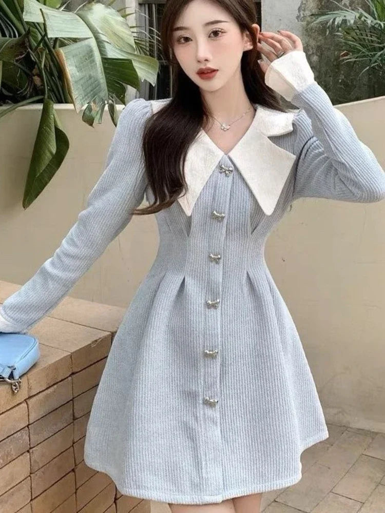 Deeptown Korean Style Blue Mini One Piece Dress Women Japanese Y2k Harajuku Long Flare Sleeve Corset Princess Dresses Winter