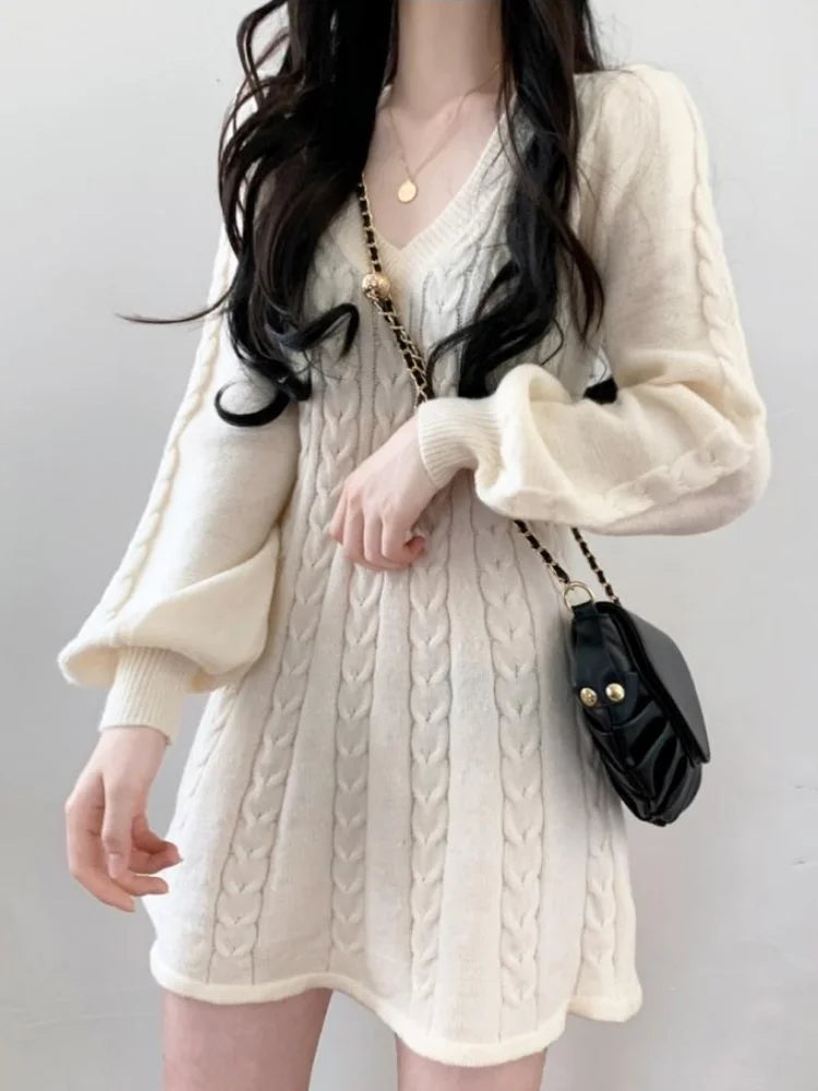 Knitted Mini Dresses Women Autumn Winter Lantern Sleeve V Neck Sweater Dress Female Korean Fashion Preppy Style Casual Dresses